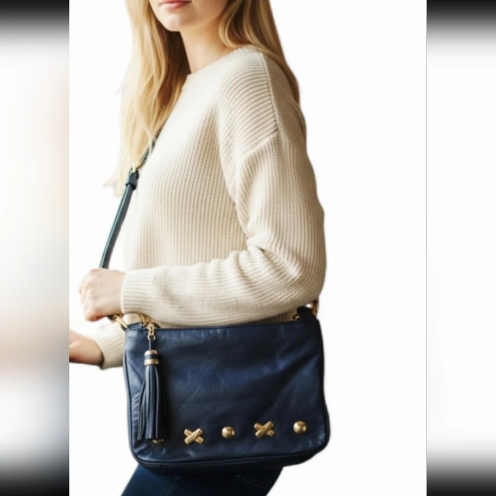 Vintage FIRST EDITION Navy Leather Crossbody Bag Gold Hardware Tassel.